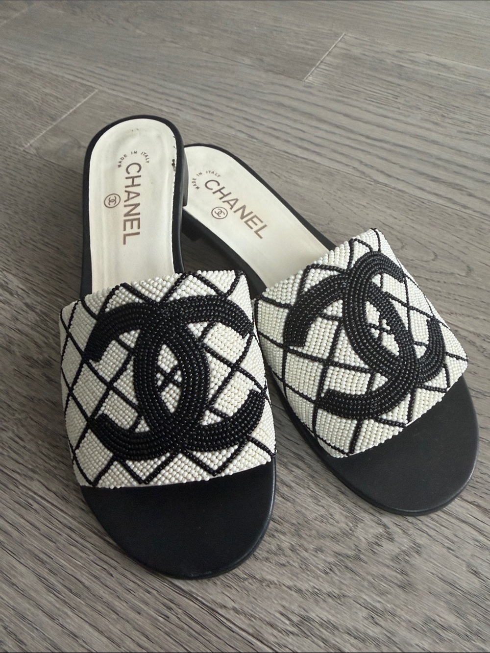 Chanel black and white pearl embroidered CC logo slide mule flats